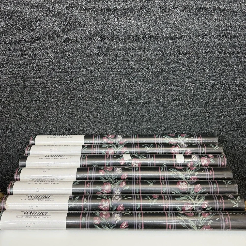 Warner Wallcoverings EBY4056 Floral‎ Tulip Stripe Wallpaper Black Pink 7 Rolls
